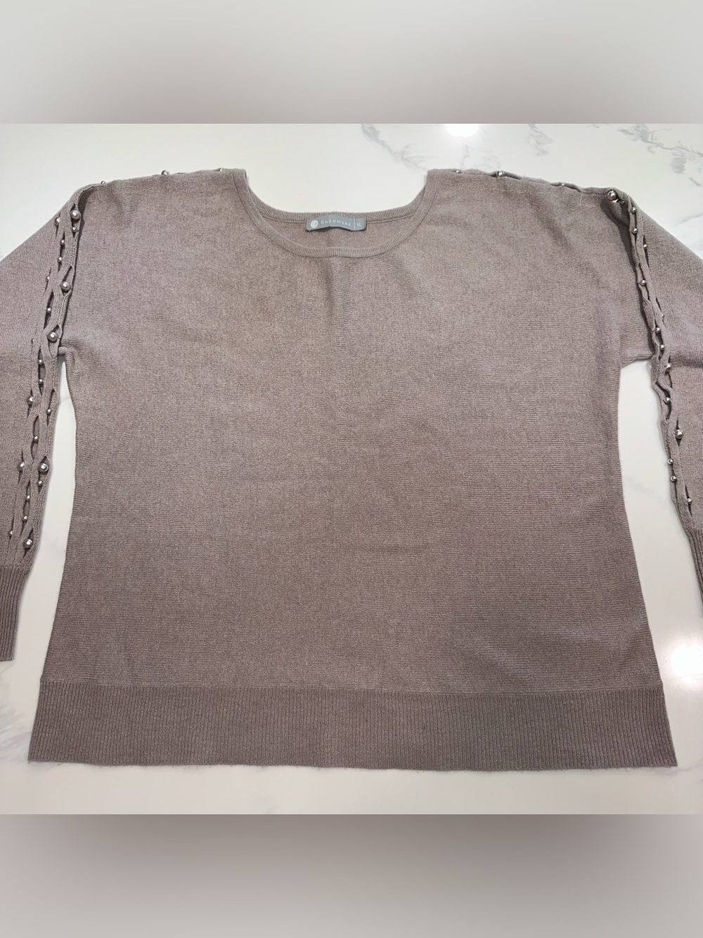 IN CASHMERE XL~CREW SOFT TAUPE CREW NECKLINE SWEATER CUTOUT PEARL SLEEVE DETAILS